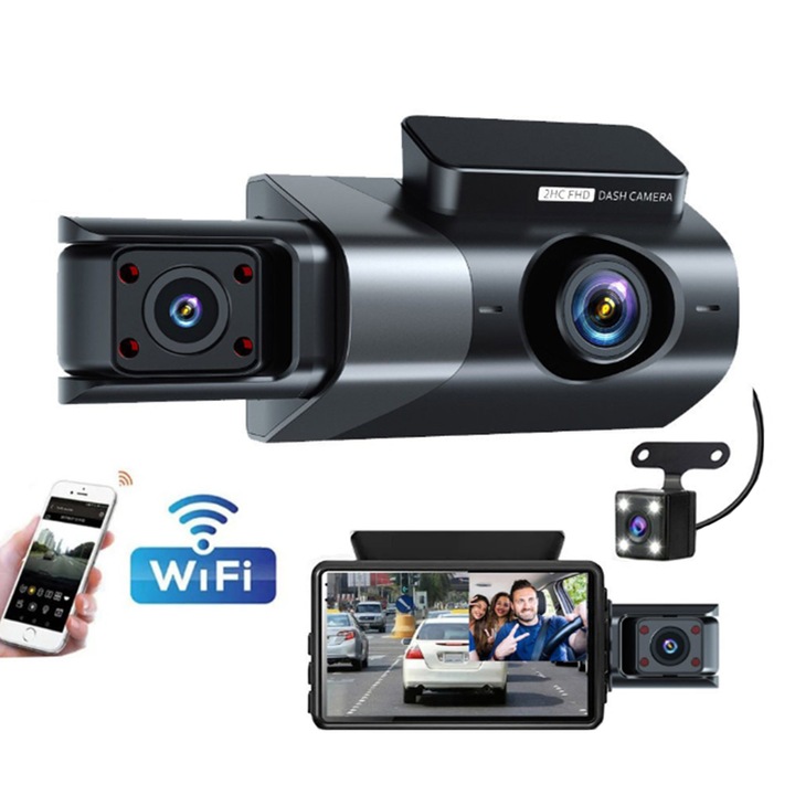 Camera auto DVR cu trei lentile, inregistrare in bucla, unghi larg 170°, ecran de 3 inch, negru, set complet