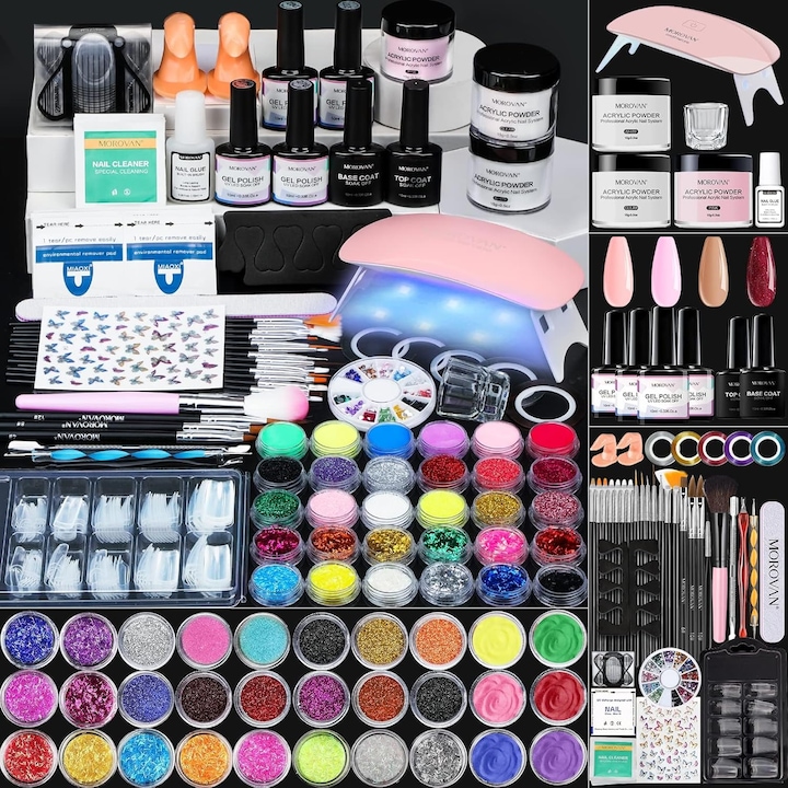 Kit complet pentru unghii acrilice, Morovan, lampa UV 6W, glitter, pentru incepatori