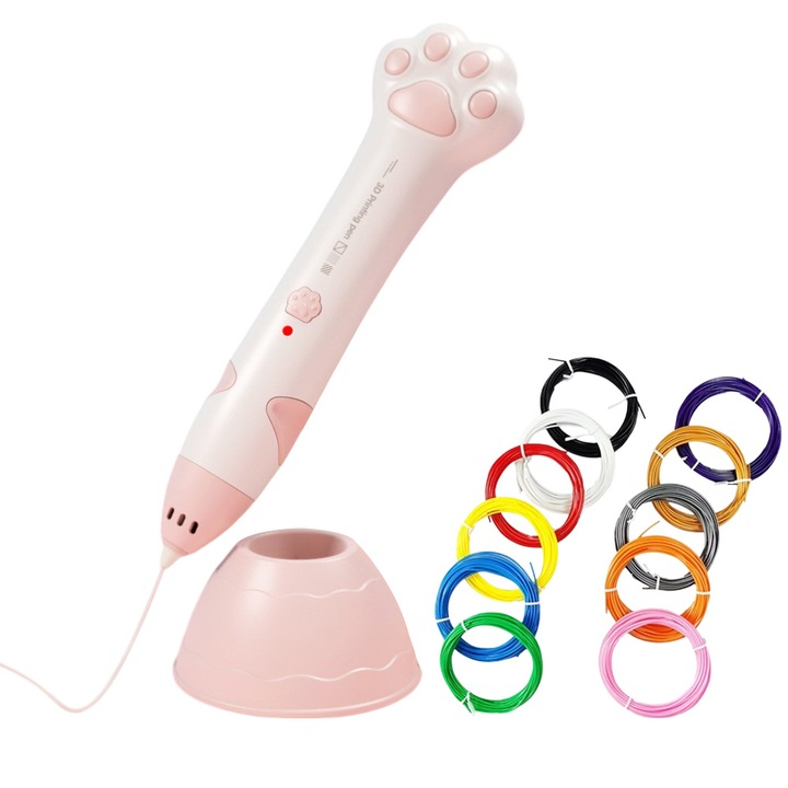 3D печатаща писалка „Котешки нокът“, USB зареждане, ниска температура, с 10 цветни нишки, общо 50 м, нетоксичен PLA, WALALLA, розов