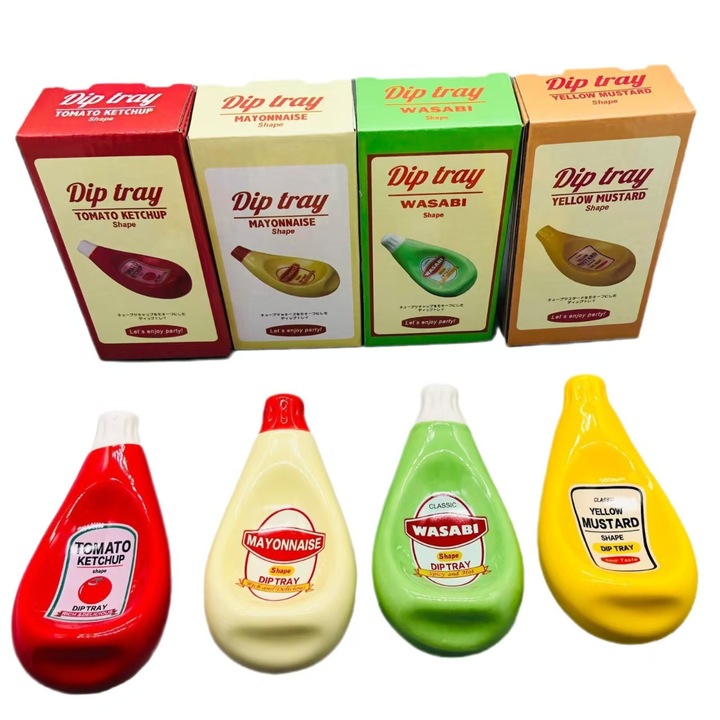 Set farfurii ceramice pentru sosuri, 4 bucati, design creativ, 12x6cm, multicolor