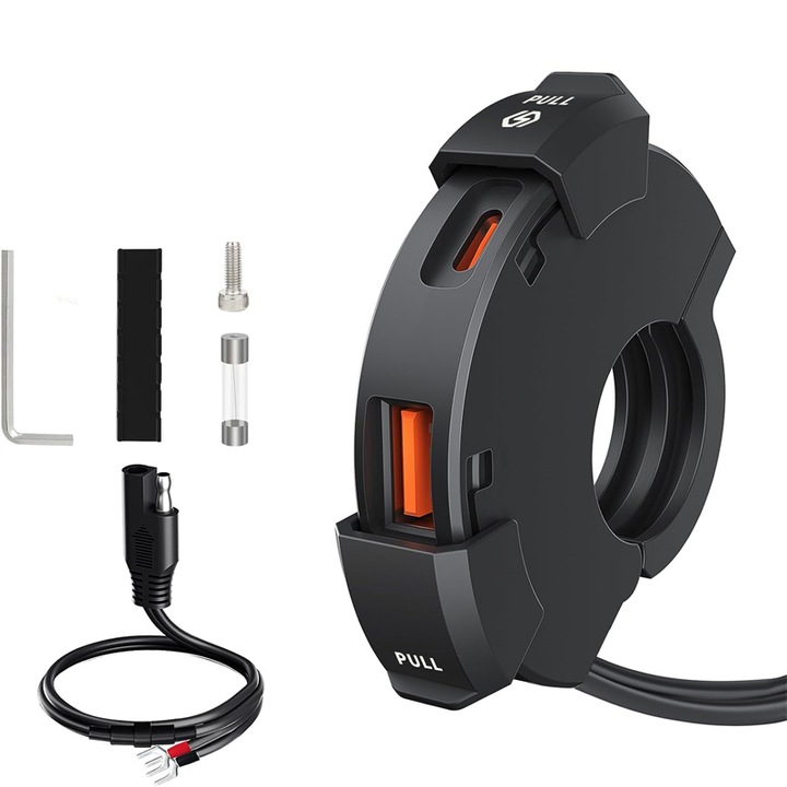 USB зарядно за мотоциклет AjieQaQ, 30 W, PD Type-C, USB, бързо зарядно устройство, ултратънък, SAE към USB адаптер, IP65 водоустойчив, аксесоари за мотоциклети, за мобилни телефони/таблети, черен