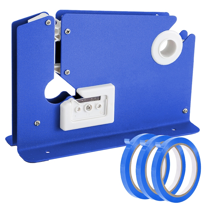 Dispenser Sigilat Pungi, Minetgnon®, Cu dispozitiv de taiere, Cu 3 Role Banda Adeziva, Rezistent la uzura, Metal, 21.5x7.1x14.2 CM, 4 piese, Albastru