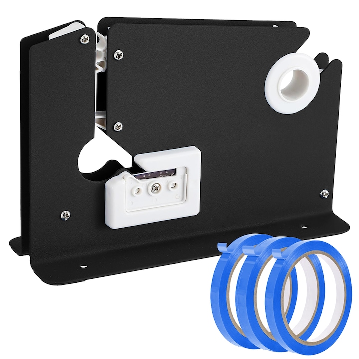 Dispenser Sigilat Pungi, Minetgnon®, Cu dispozitiv de taiere, Cu 3 Role Banda Adeziva, Rezistent la uzura, Metal, 21.5x7.1x14.2 CM, 4 piese, Negru