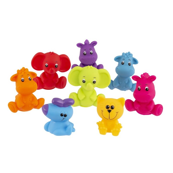 8 db-os fürdőjátékból álló készlet, Playgro, Állatok, Nincs lyuk, Kontrasztos színek, Serkenti a képzeletet és a motoros készségeket, 6 hónaposnál idősebb, Jungle Fun Friends