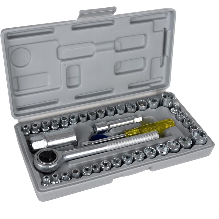 Trusa Chei Tubulare idealSTORE 40 de Piese, Material Otel Crom-Vanadium, Cutie pentru Depozitare Inclusa, Rezistent la Coroziune, Deformare si Fisurare