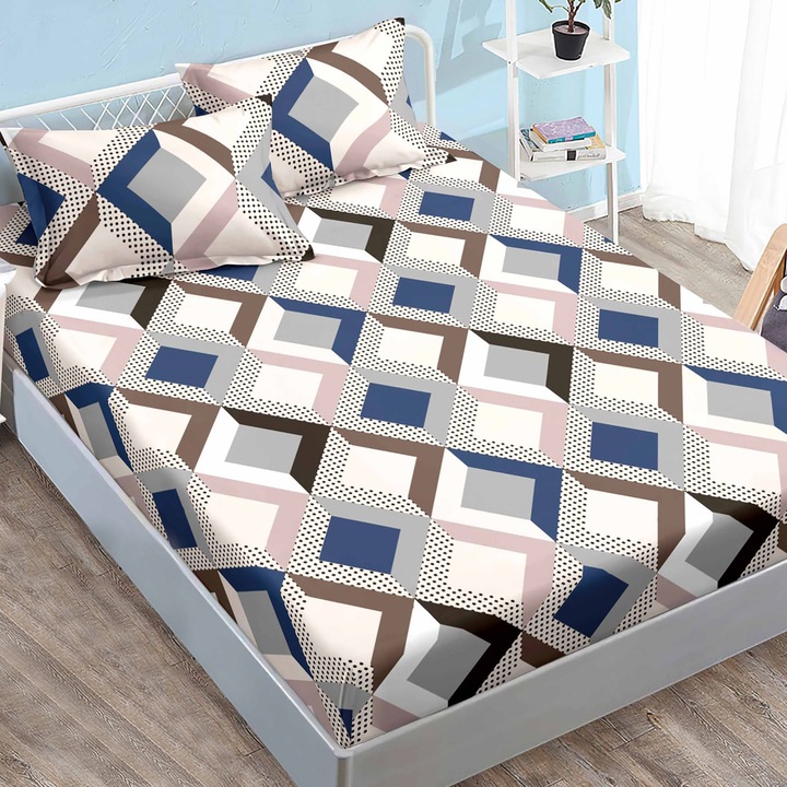 Finet Gros NufJoy® rugalmas illeszkedő lepedőkészlet 160x200 cm-es matrachoz és 2 db 50x70 cm-es párnahuzathoz, gyémánt, bézs-kék