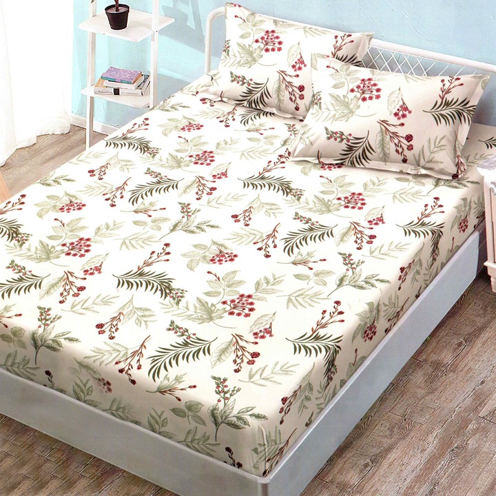 Finet Gros NufJoy® rugalmas illeszkedő lepedőkészlet 160x200 cm-es matrachoz és 2 db 50x70 cm-es párnahuzathoz, Twigs Beige-Vernil