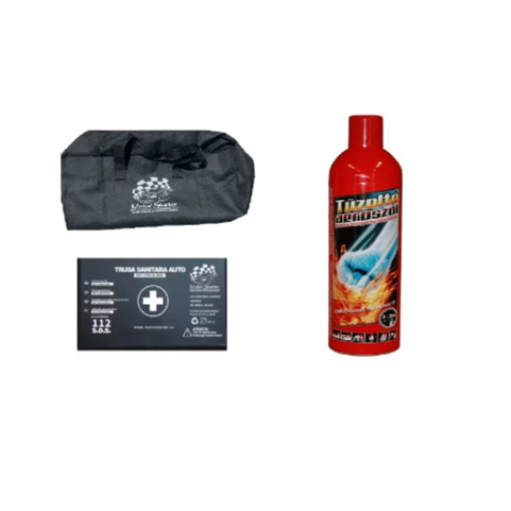 KIT auto obligatoriu omologat Trusa Medicala, Stingator Tip Spray + Geanta Depozitare