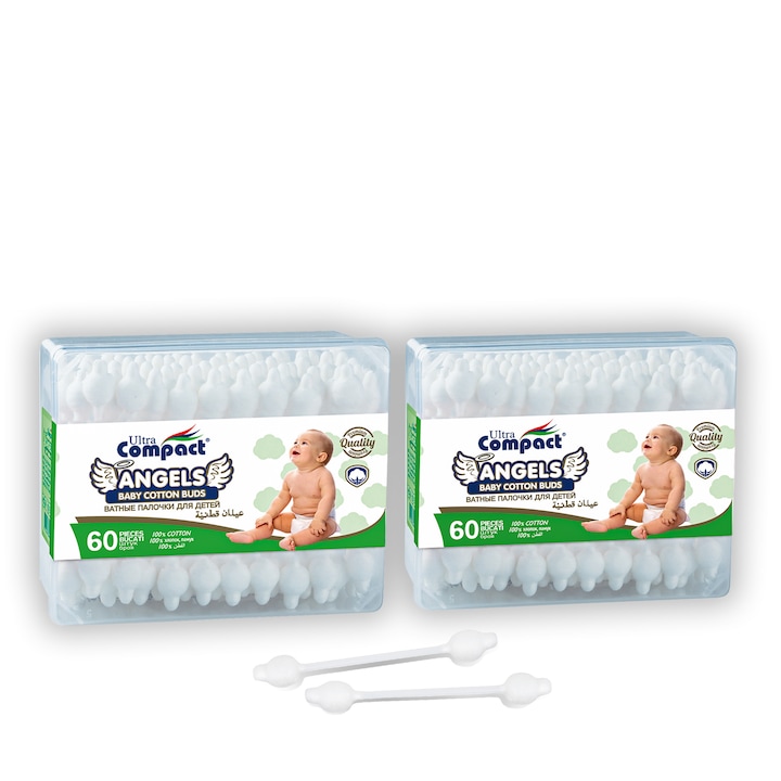 Set 2 x Betisoare de Urechi pentru Bebelusi si Copii cu Protectie, 100% Bumbac, Ultra Compact, 120 Buc (2 x 60 buc)