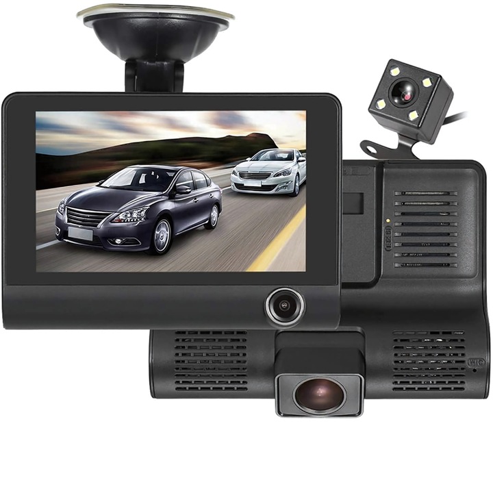 Bukino® тройна DVR камера за кола, модерен дизайн, 3 предни, задна и вътрешна камера за кола, TFT дисплей технология, micro USB връзка, Full HD, 4-инчов монитор, черен