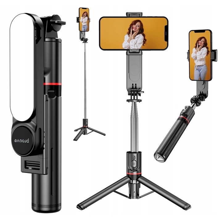 Selfie Stick Trepied Monopied + Telecomanda Lumina LED 3in1 pentru Telefon, GoPro, Selfie Lume