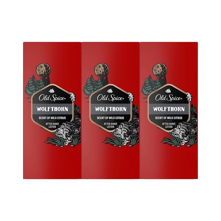 Комплект 3 x Old Spice Wolfthorn след бръснене 100 ml аромат на див цитрус, ревитализиращ ефект, хидратираща формула, без алкохол, хипоалергичен