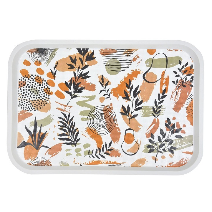 Tava de servit alba Shopiens® cu model abstract maro si diverse frunze negre, din plastic, 42 x 30 cm