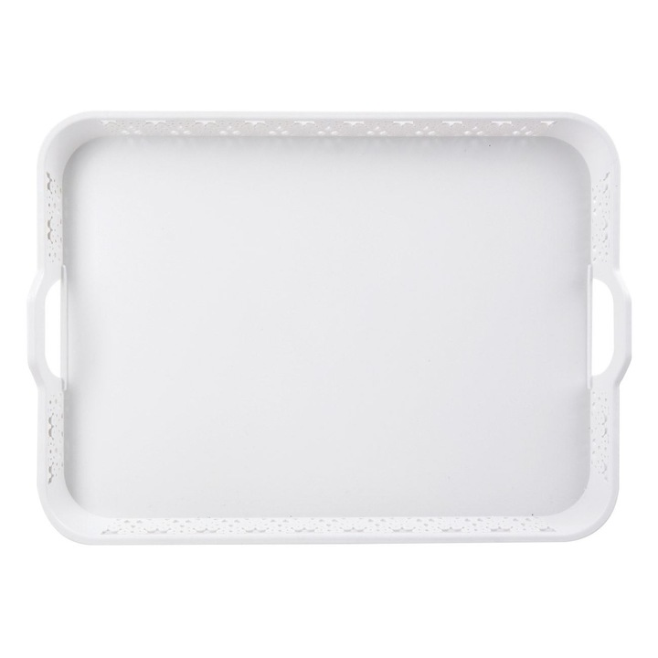 Tava de servit dreptunghiulara alba Shopiens® cu model dantela si manere, din plastic, 32 x 23.5 cm
