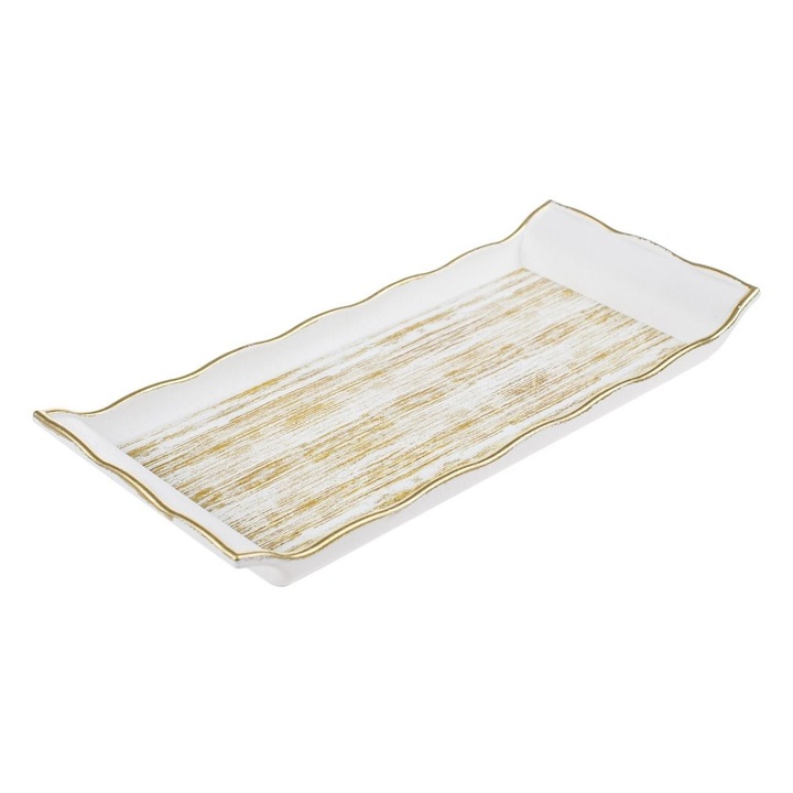 Tava de servit dreptunghiulara Shopiens® de culoare alba cu detalii aurii, din plastic, 30 x 13 cm