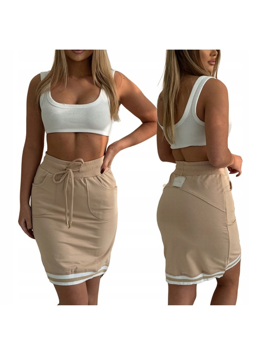 Fusta sport dama, Och Bella, casual, cu buzunare, bumbac, bej