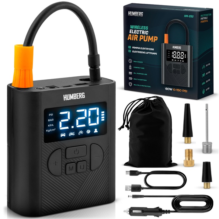 Compresor electric mini fara fir Humberg HM-252, acumulator 6000 mAh, iluminare, set complet