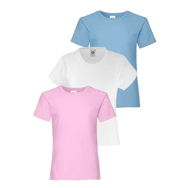 Fruit of the Loom 25029-3P lány pólókészlet, 3 részes, kerek nyakú, Fehér/Rózsaszín/Kék