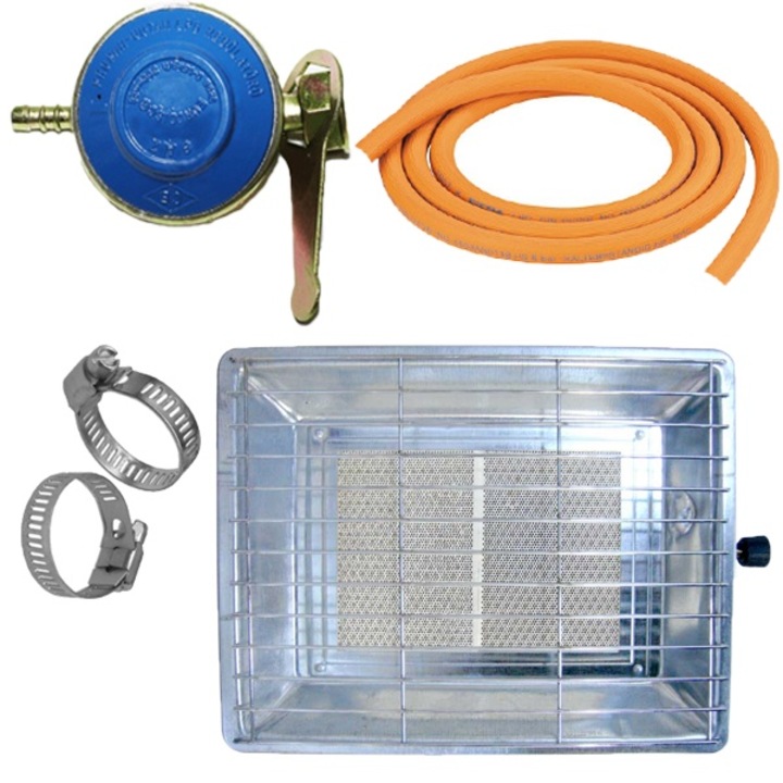 Pachet - Soba Nurgaz. arzator pe gaz 3000W - Incalzitor + 2 m furtun pentru gaz + 2 x coliere pentru furtun + Ceas pentru butelie, Campion