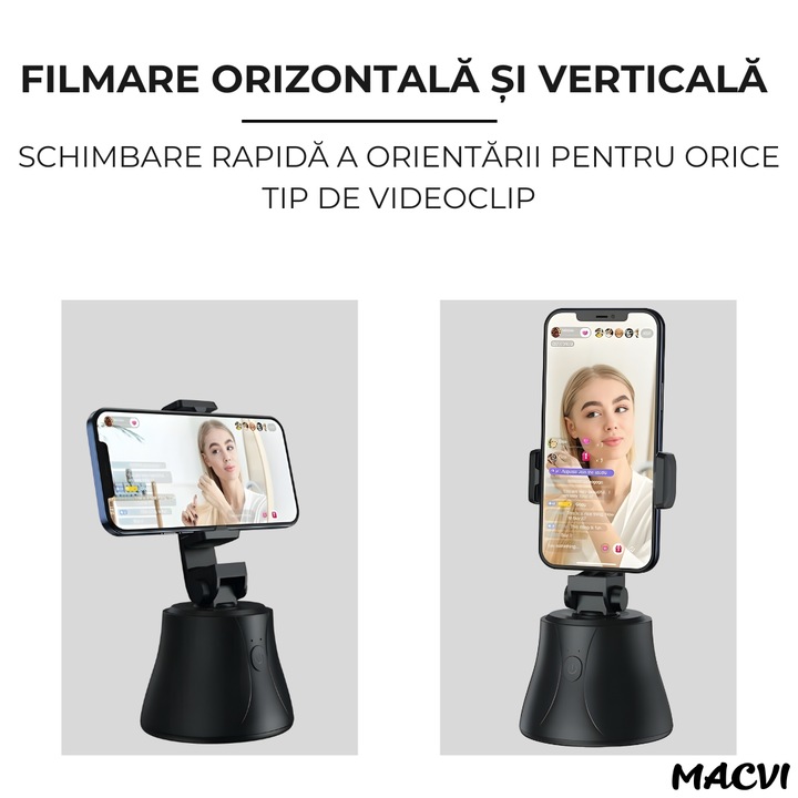 Suport telefon Macvi® portabil cu trepied, rotativ 360°, reglabil, ideal pentru fotografii, YouTube, TikTok, Negru
