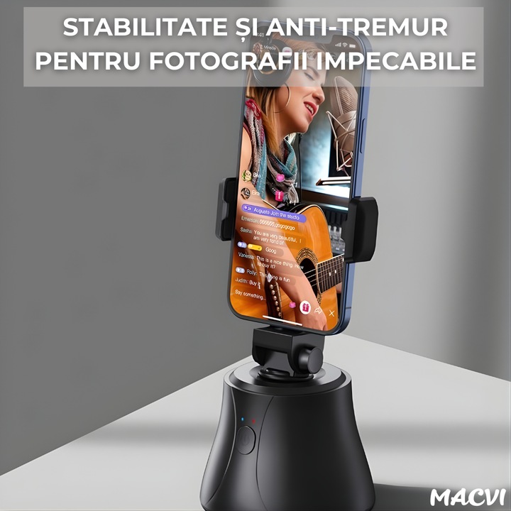 Suport telefon Macvi® portabil cu trepied, rotativ 360°, reglabil, ideal pentru fotografii, YouTube, TikTok, Negru