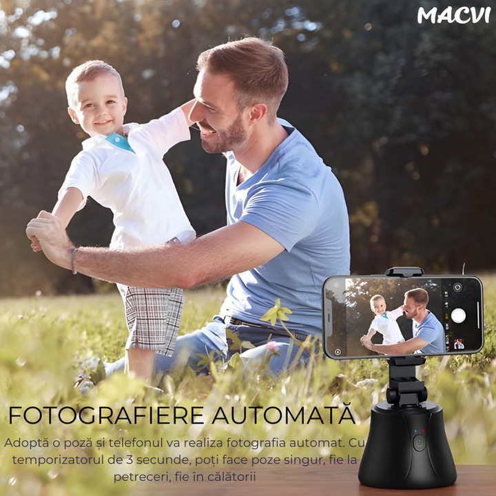 Suport telefon Macvi® portabil cu trepied, rotativ 360°, reglabil, ideal pentru fotografii, YouTube, TikTok, Negru
