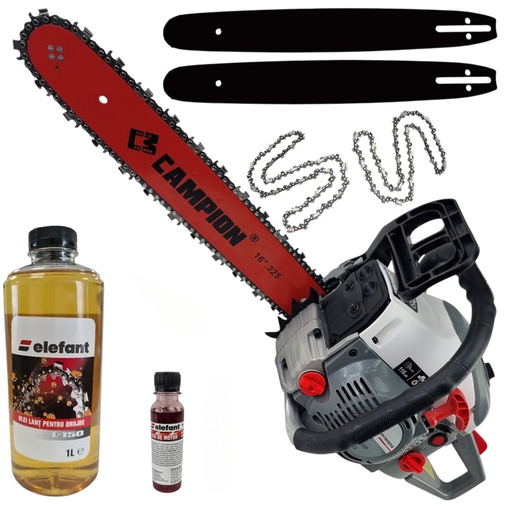 Set Drujba pe benzina (MOTOFIERASTRAU) 7.5CP, 2 lame, 2 lanturi 32 dinti pas 325, 1 sticla ulei lant, 1 sticla ulei amestec, Top Campion