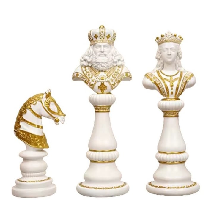 SET 3 piese de sah din rasina, rege 29 cm, regina 27 cm, cal 18 cm, ornamente, piese de sah din rasina, decoratiuni moderne pentru casa, alb/auriu