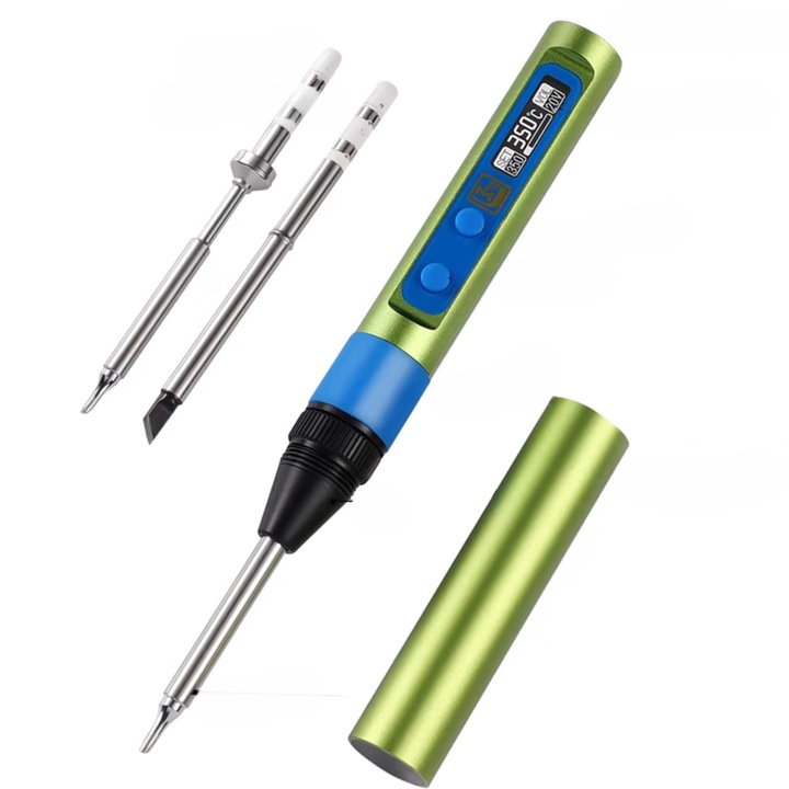Pistol de lipit portabil, 3 capete de lipit, temperatura ajustabila 180°-450°, voltaj reglabil, display OLED, putere 65 W, Verde