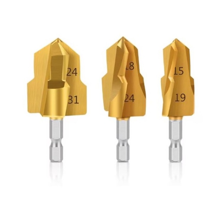 Set 3 burghie HSS otel, auriu, pentru tevi MMP/PVC/PPR, SPO SCULEPROFIONLINE