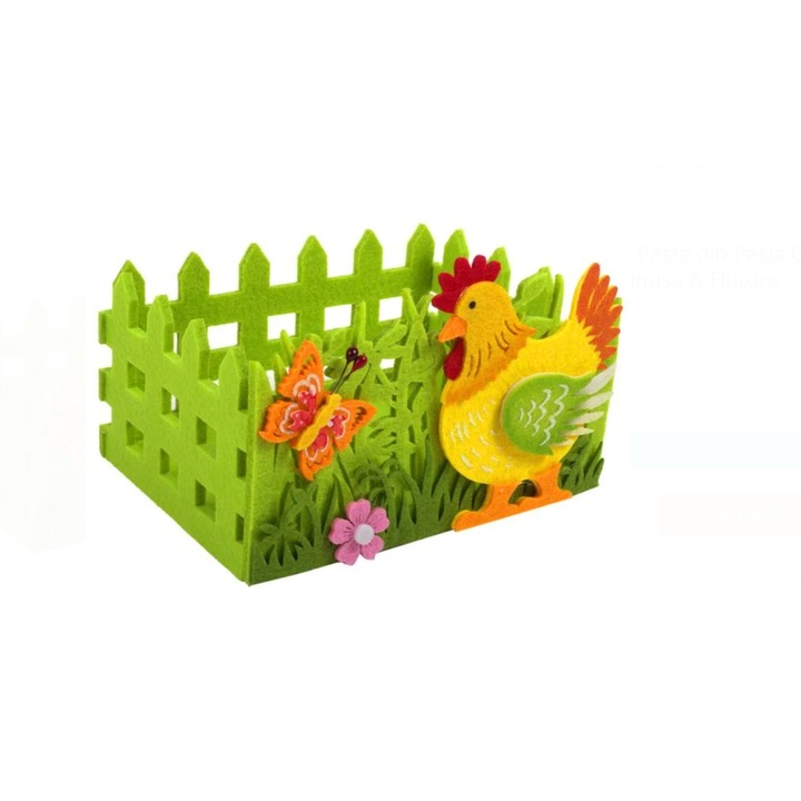 Декоративна великденска кошница от филц, зелена ограда, украсена с кокошка и пеперуда 17x13x7cm