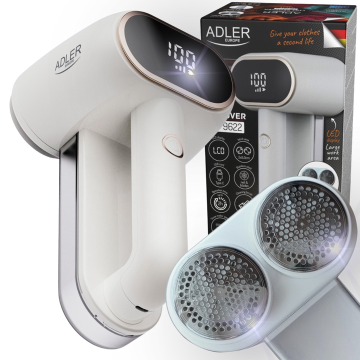 Aparat de curatat scame, Adler, Cap dublu, Ecran LCD, 3 viteze, USB-C, Capacitate rezervor 140 ml, Alb/auriu, Acumulator 1800 mAh, Putere 10 W