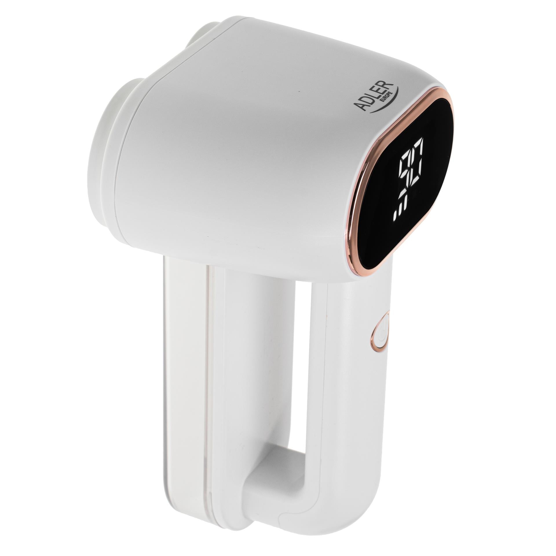 Aparat de curatat scame, Adler, Cap dublu, Ecran LCD, 3 viteze, USB-C, Capacitate rezervor 140 ml, Alb/auriu, Acumulator 1800 mAh, Putere 10 W