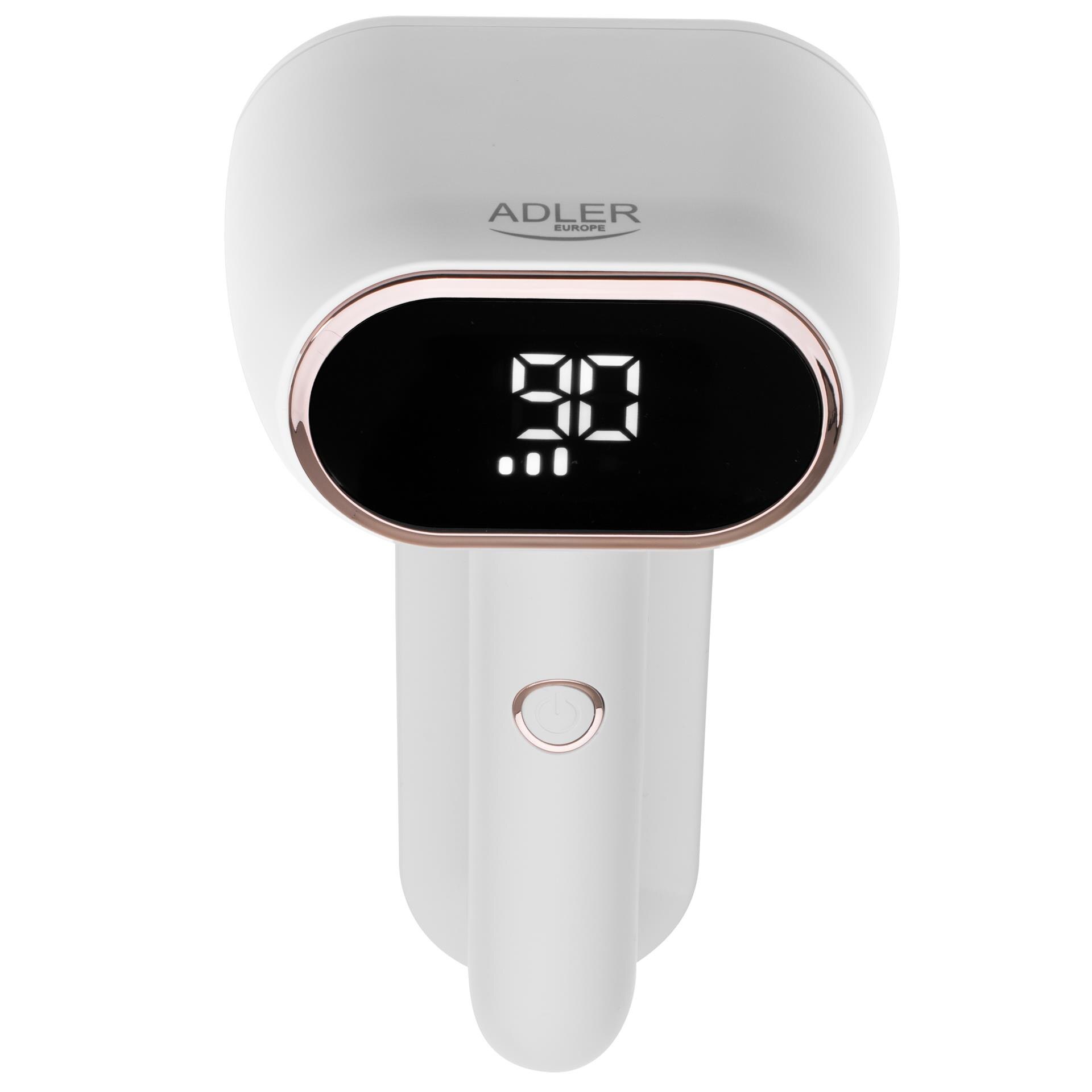 Aparat de curatat scame, Adler, Cap dublu, Ecran LCD, 3 viteze, USB-C, Capacitate rezervor 140 ml, Alb/auriu, Acumulator 1800 mAh, Putere 10 W