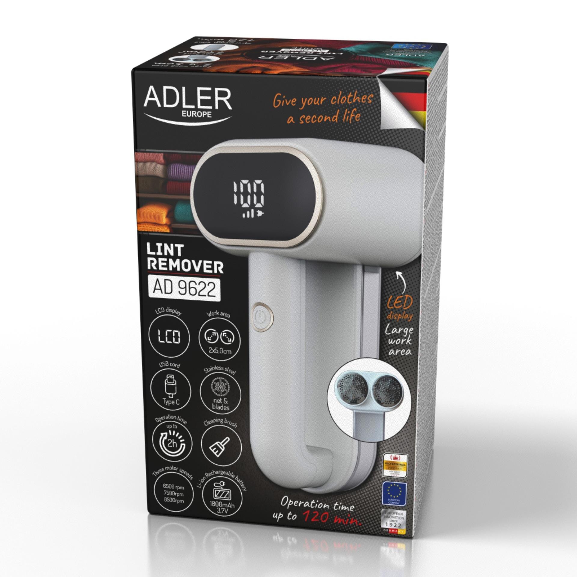 Aparat de curatat scame, Adler, Cap dublu, Ecran LCD, 3 viteze, USB-C, Capacitate rezervor 140 ml, Alb/auriu, Acumulator 1800 mAh, Putere 10 W