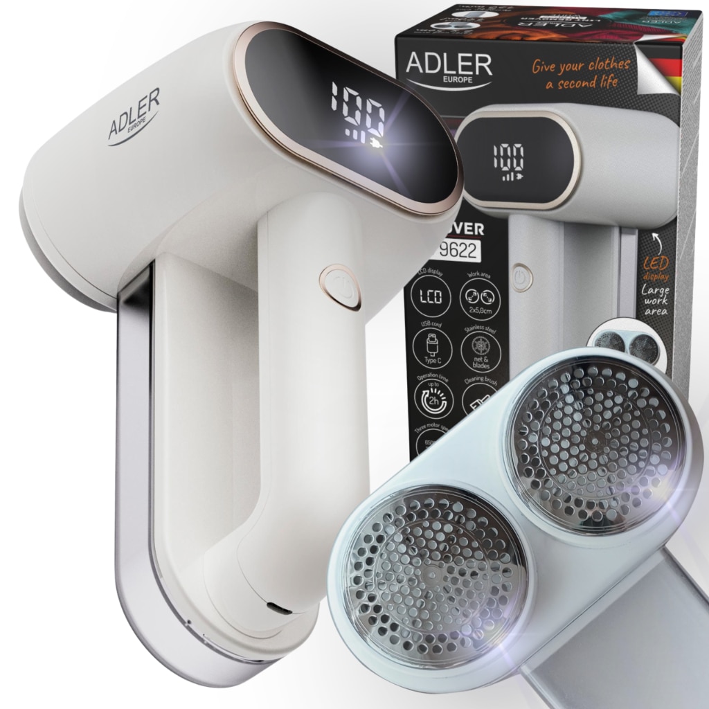 Aparat de curatat scame, Adler, Cap dublu, Ecran LCD, 3 viteze, USB-C, Capacitate rezervor 140 ml, Alb/auriu, Acumulator 1800 mAh, Putere 10 W