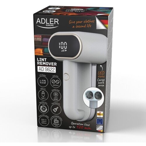 Aparat de curatat scame, Adler, Cap dublu, Ecran LCD, 3 viteze, USB-C, Capacitate rezervor 140 ml, Alb/auriu, Acumulator 1800 mAh, Putere 10 W