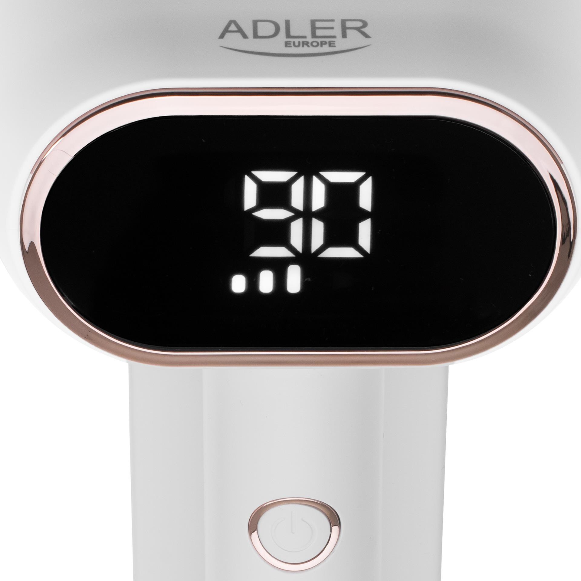Aparat de curatat scame, Adler, Cap dublu, Ecran LCD, 3 viteze, USB-C, Capacitate rezervor 140 ml, Alb/auriu, Acumulator 1800 mAh, Putere 10 W