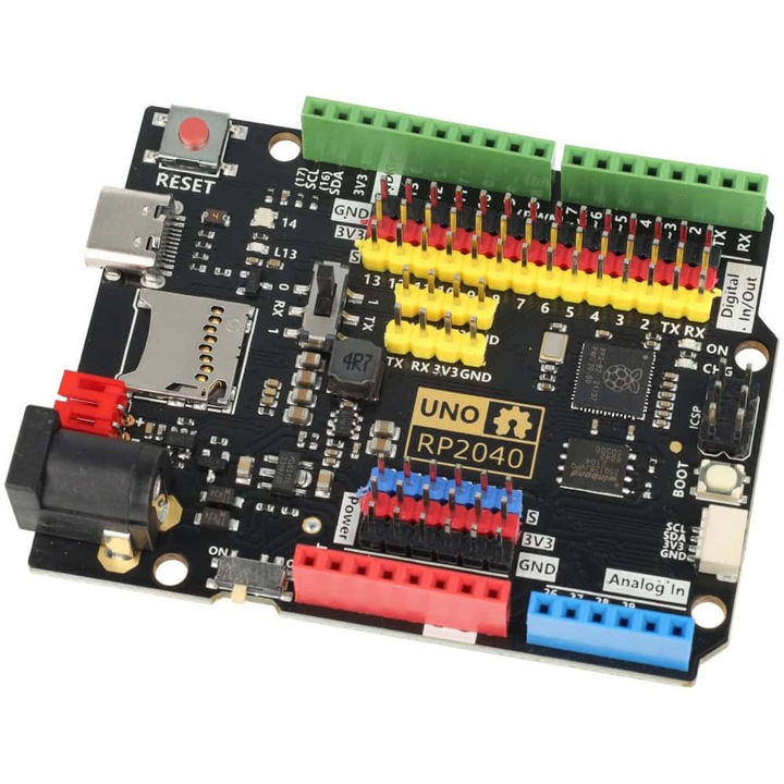 Платка за разработка, Rp2040, Uno, С microsd слот, Usb type-c, 54 мм, 264 kb sram, 2 mb флаш, 16 mb qspi, 24 gpio, I2c, Spi, Uart, С rgb led, За прототипиране, Arduino