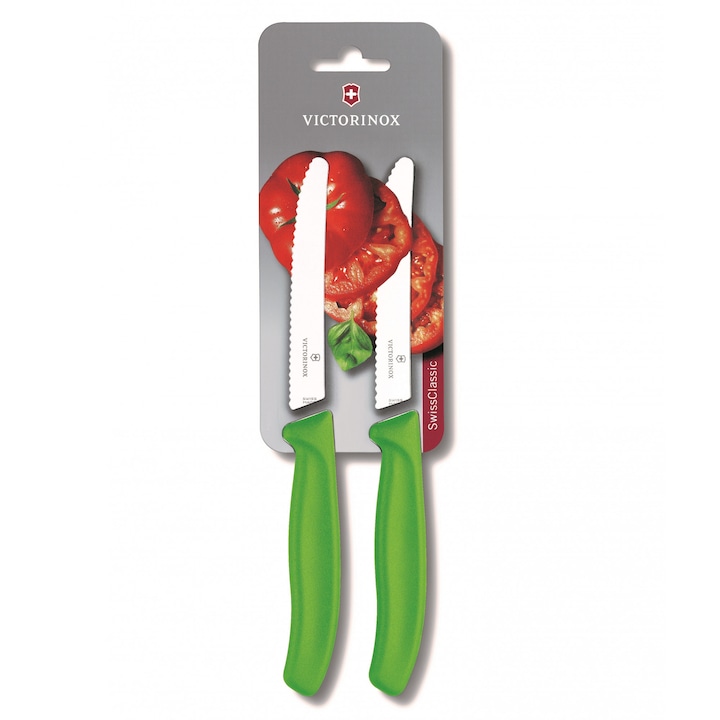 Комплект ножове Victorinox за домати и колбаси, вълнообразно острие, зелени 2 бр.