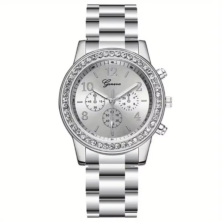 Ceas Classic Crystal, pentru Femei, Geneva, Cristale zirconiu, Quartz, Curea metalica, Argintiu