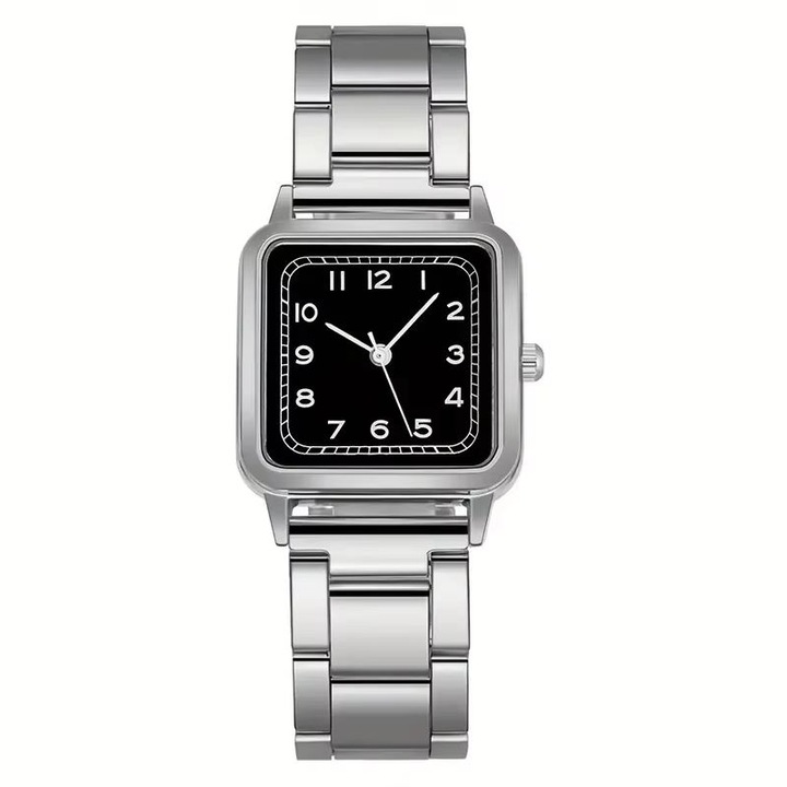 Ceas Classic Grace, pentru Dama, Aspect Elegant Clasic, Quartz, Patrat, Metalic, Argintiu si Negru