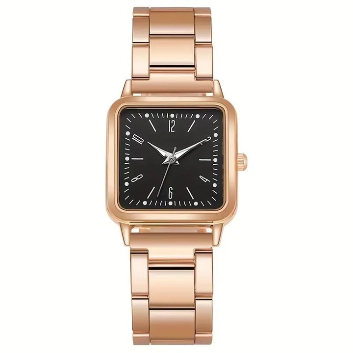 Ceas Classic Grace, pentru Dama, Aspect Elegant Clasic, Quartz, Patrat, Metalic, Rose-Gold si Negru