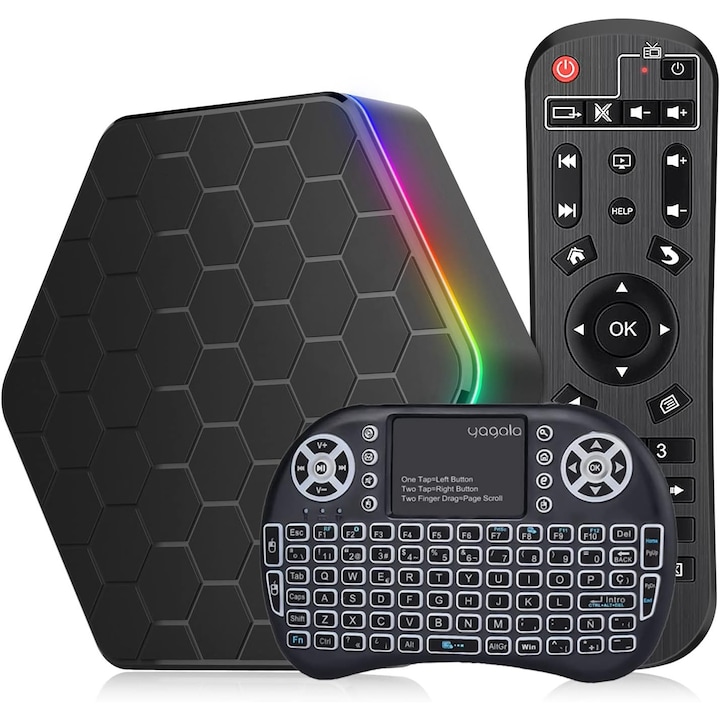 Mediaplayer tv box, android tv 12, 4+64 gb, wifi 6 dual band, bluetooth 5, lan 100, optical, 64 bit, mini tastatura, telecomanda, negru