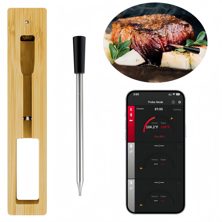 Termometru Inteligent Carne, Wacorresi, Termometru smart de Bucatarie, pentru grill, cuptor, rotiserie, barbecue, Wireless Bluetooth, Cu Aplicatie Telefon, Rezistent la apa IP67, 13cm, negru