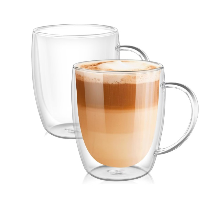 Set 2 cani pentru ceai si cafea din sticla termorezistenta, Blusmart®, Pereti dubli, 450 ml, Transparenta