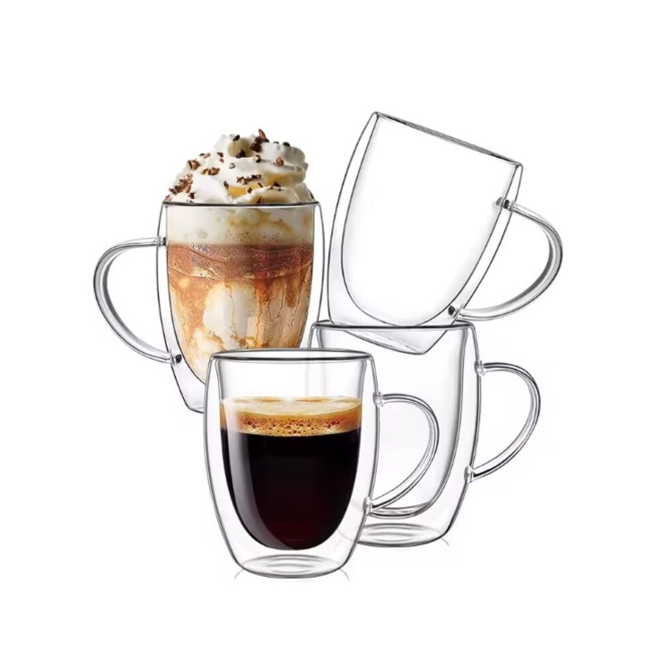 Set 4 cani pentru ceai si cafea din sticla termorezistenta, Blusmart®, Pereti dubli, 450 ml, Transparenta