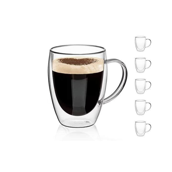 Set 6 cani pentru ceai si cafea din sticla termorezistenta, Blusmart®, Pereti dubli, 450 ml, Transparenta