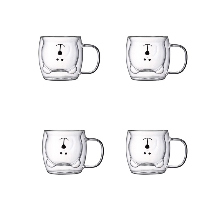 Set 4 cesti cafea din sticla borosilicata, cu pereti dubli, model ursulet, 250 ml