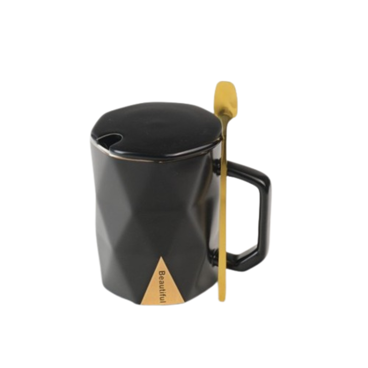 Set cana de cafea simpla cu farfurie si lingurita, ceramica, negru, 300 ml